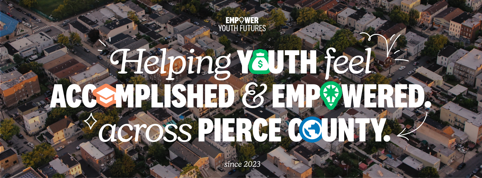 contact_us_heroimage An aerial view of Pierce County with the text Helping Youth feel Accomplished & Empowered across Pierce County since 2023